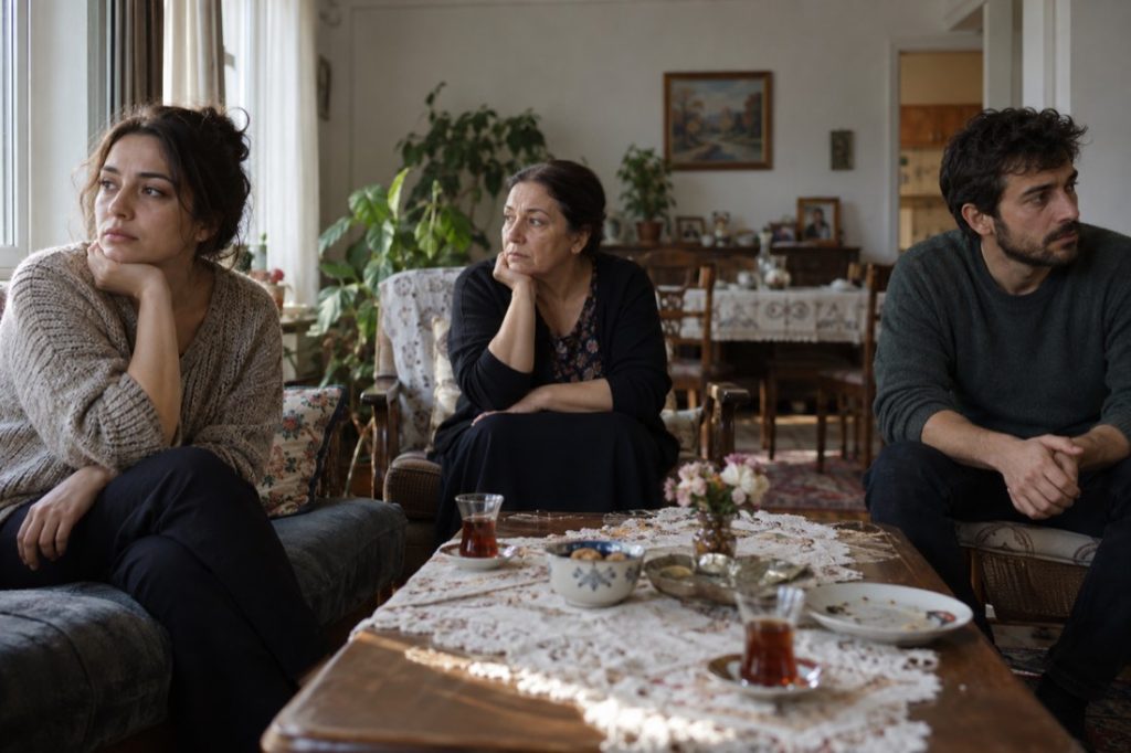 Salonda birlikte oturan ve düşünceli görünen üç yetişkin aile üyesi