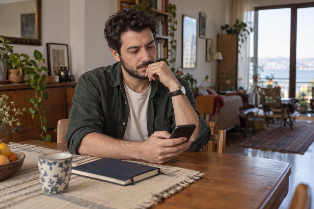 Kendi evinde telefonuna bakarak bir karar üzerine düşünen yetişkin erkek