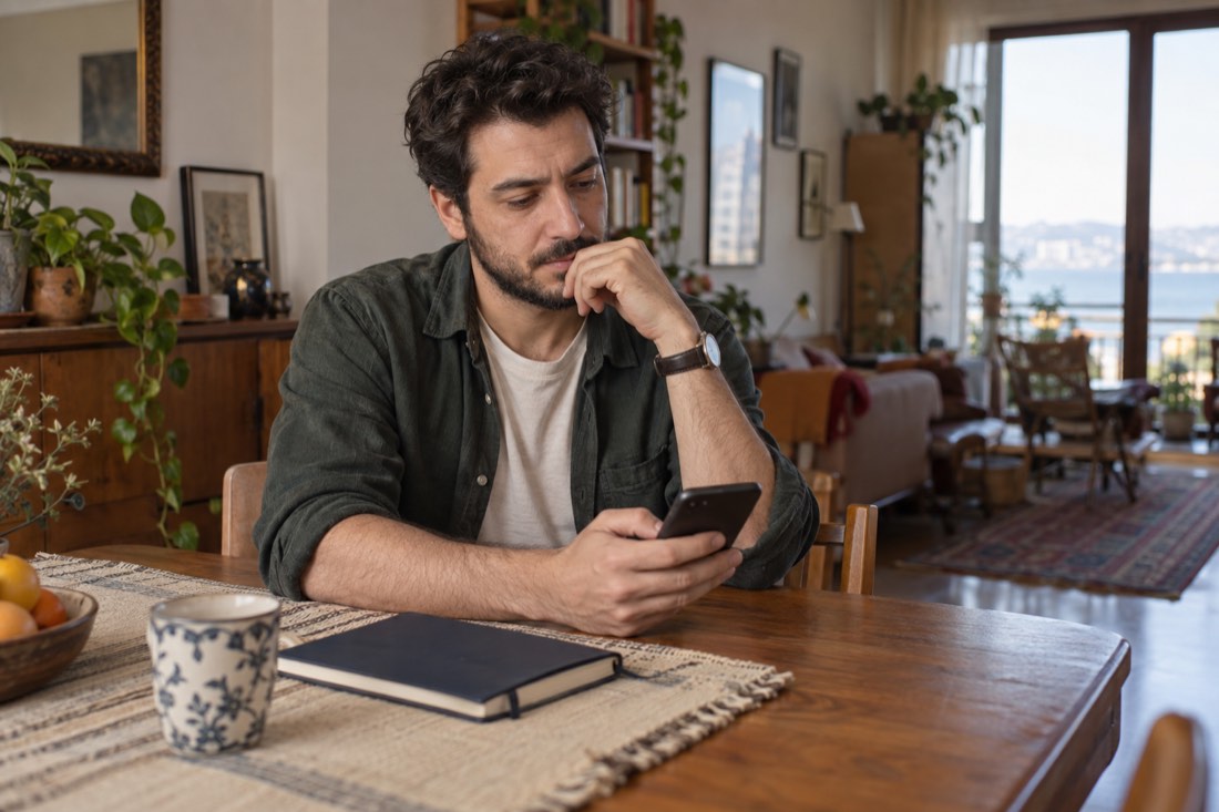 Kendi evinde telefonuna bakarak bir karar üzerine düşünen yetişkin erkek