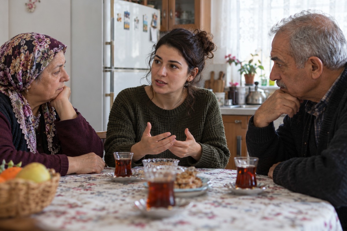 Evde anne ve babasıyla düşüncelerini paylaşan yetişkin bir kadın