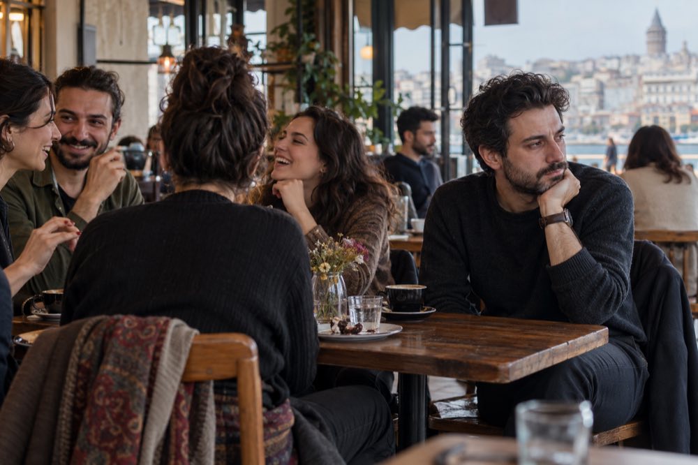 Kalabalık bir kafede sohbet eden insanların yanında düşünceli biçimde oturan erkek