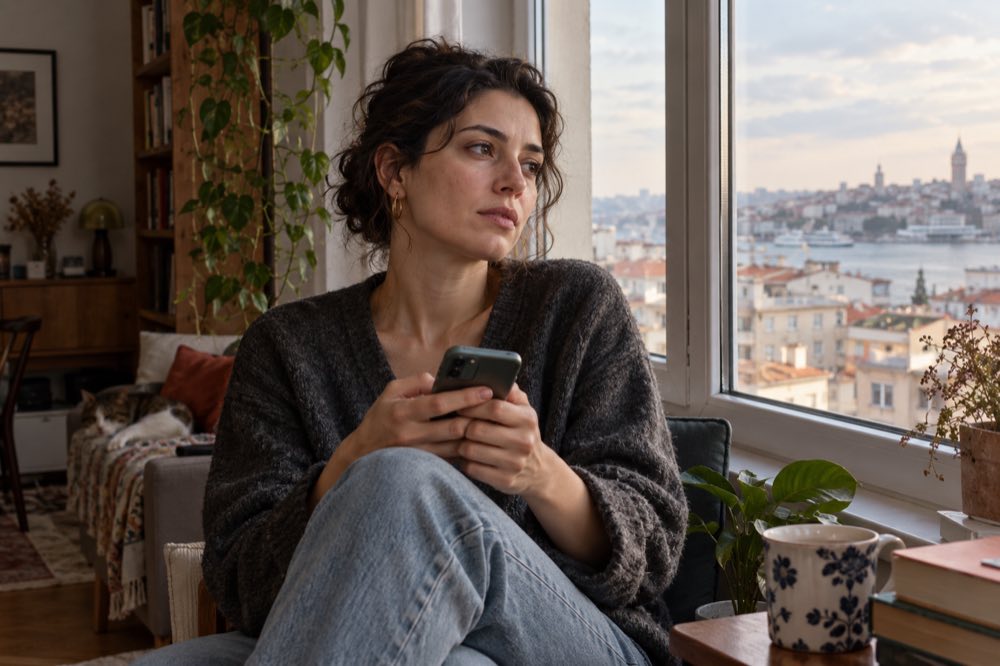 Pencere yanında telefonunu elinde tutarak düşünceli biçimde bekleyen kadın