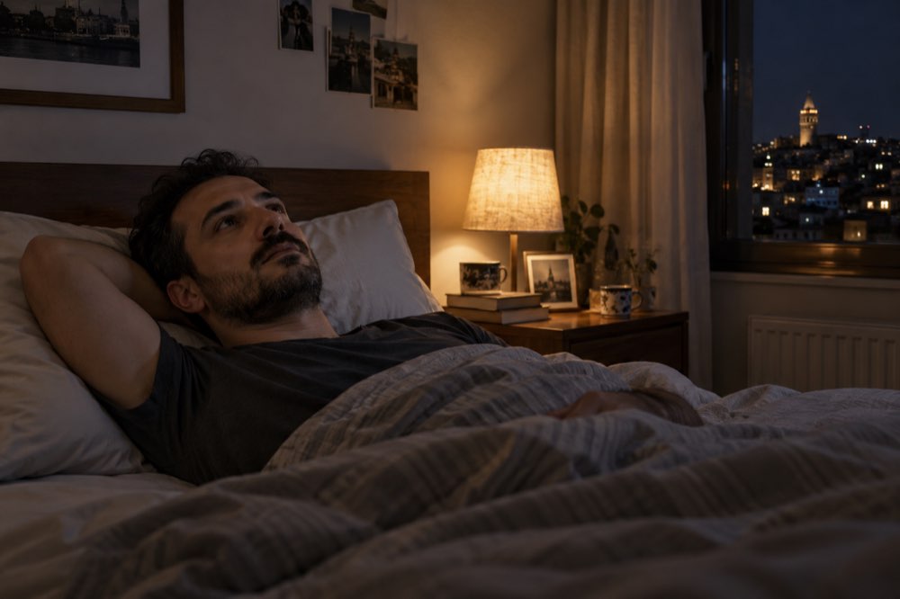 Gece yatağında uyanık halde düşünceli biçimde uzanan erkek