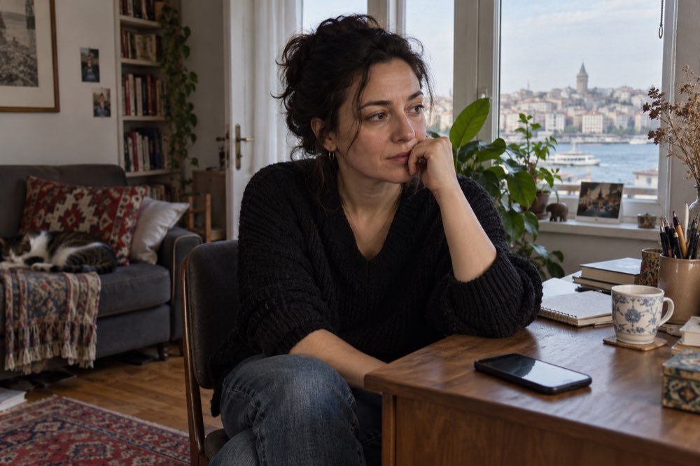 Telefon görüşmesinin ardından masa başında düşünceli oturan kadın