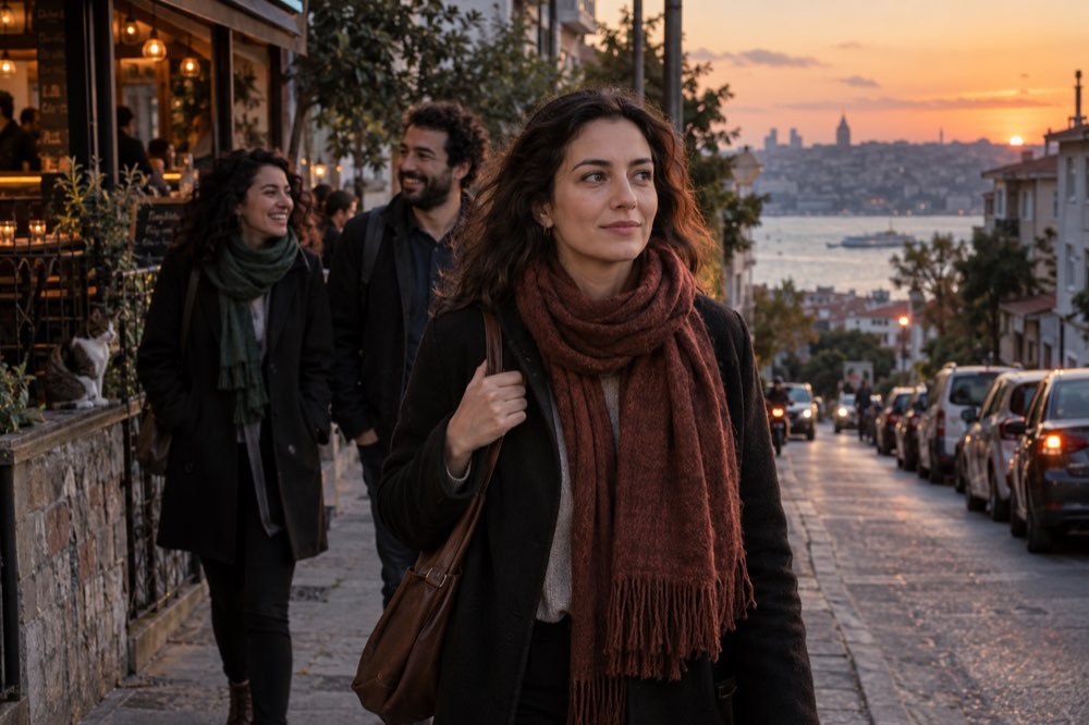 Arkadaş buluşmasının ardından akşam sokakta yürüyen kadın