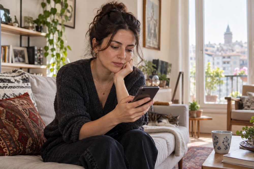 Evde telefon ekranına bakarken düşünceli görünen kadın