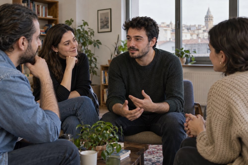 Küçük bir grupta sohbet ederken yanakları hafifçe kızaran erkek