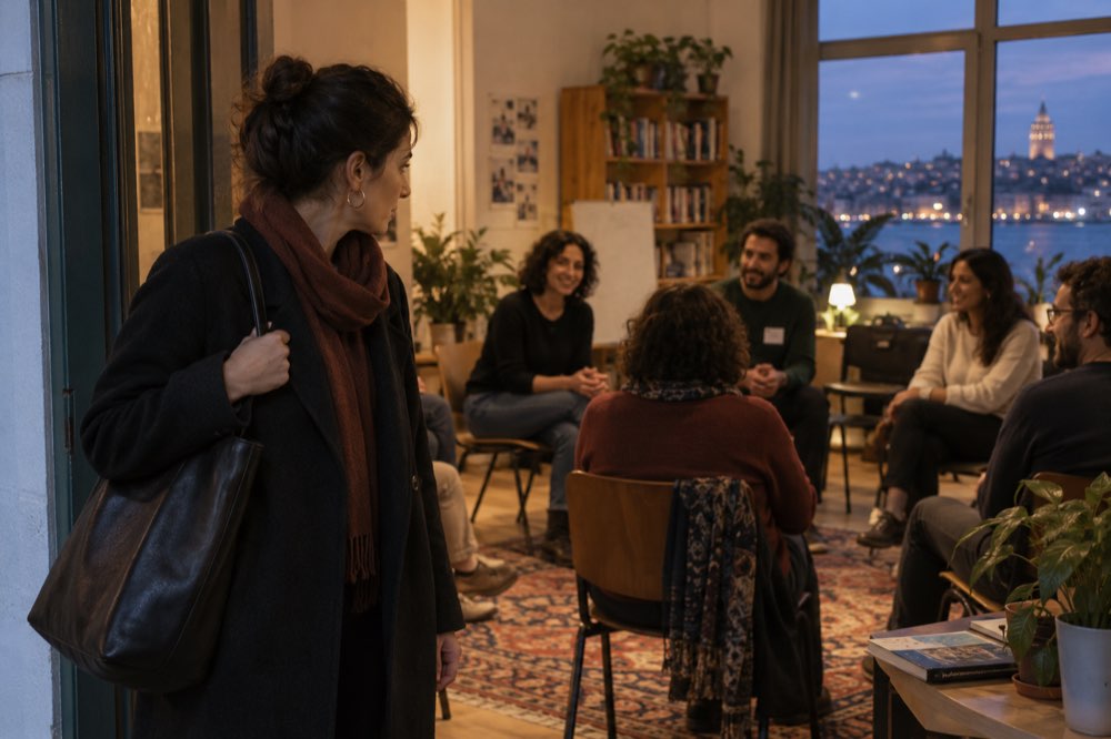 Yeni bir atölyeye katılan ve diğer katılımcıları düşünceli biçimde gözlemleyen kadın